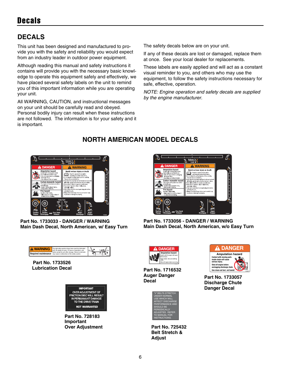 Decals, North american model decals, Danger | Simplicity 105308E User Manual | Page 9 / 36