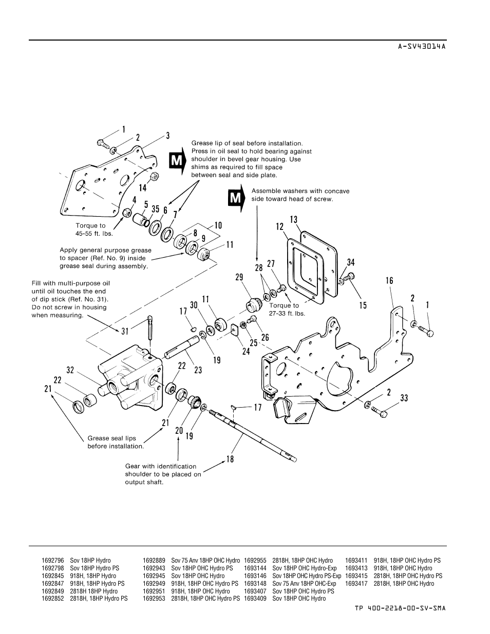 Bevel gear & side plate group | Simplicity SOVEREIGN TP 400-2218-00-SV-SMA User Manual | Page 30 / 76
