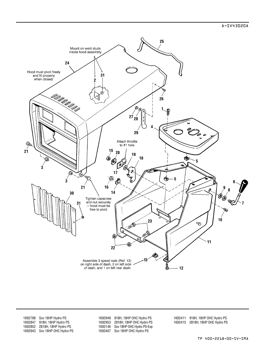 Dash, hood & grille group - power steering models | Simplicity SOVEREIGN TP 400-2218-00-SV-SMA User Manual | Page 42 / 76