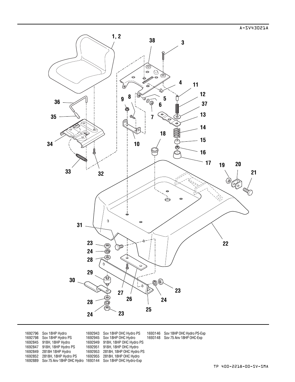 Seat & deck group - early models | Simplicity SOVEREIGN TP 400-2218-00-SV-SMA User Manual | Page 44 / 76
