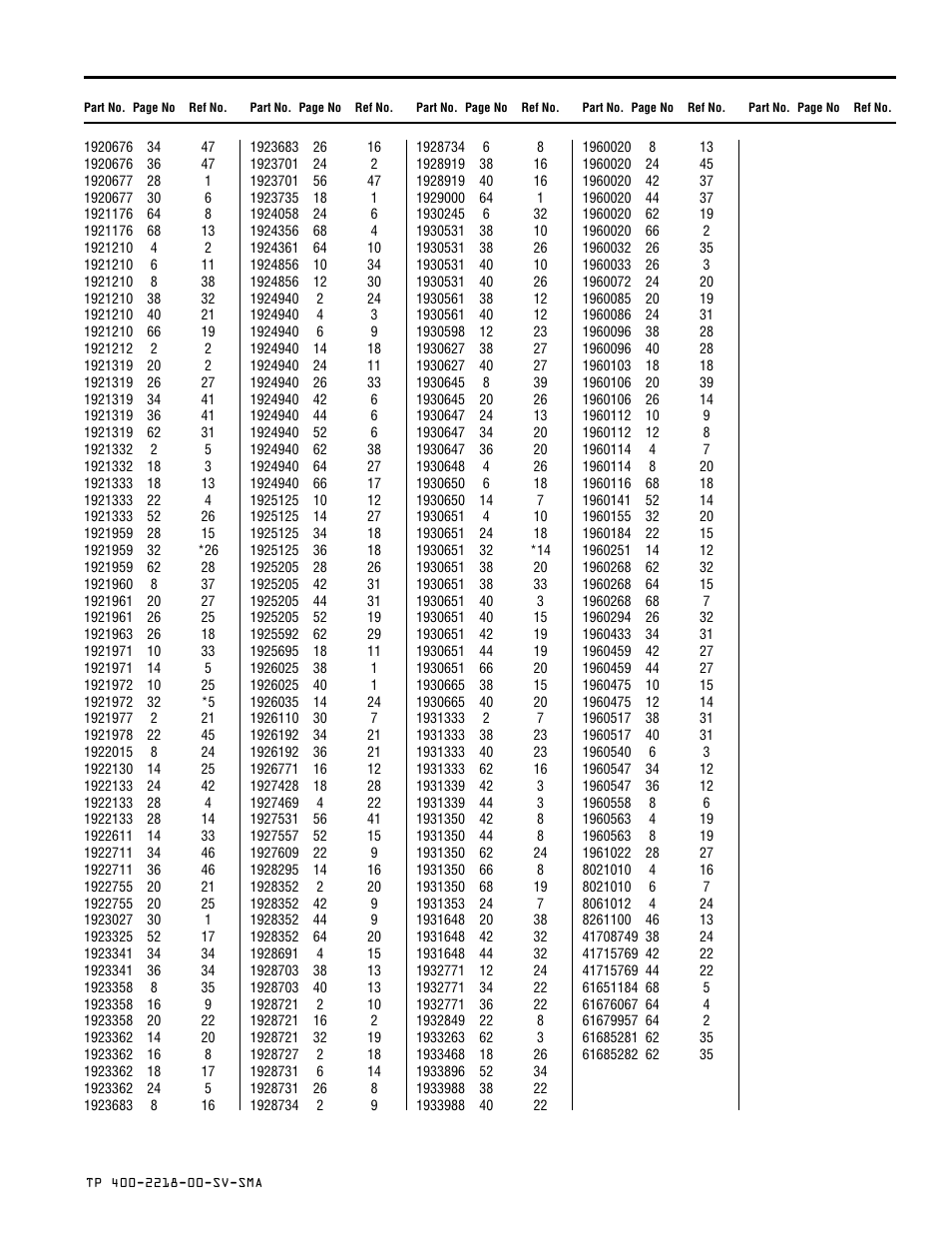 Part number index by page number | Simplicity SOVEREIGN TP 400-2218-00-SV-SMA User Manual | Page 75 / 76