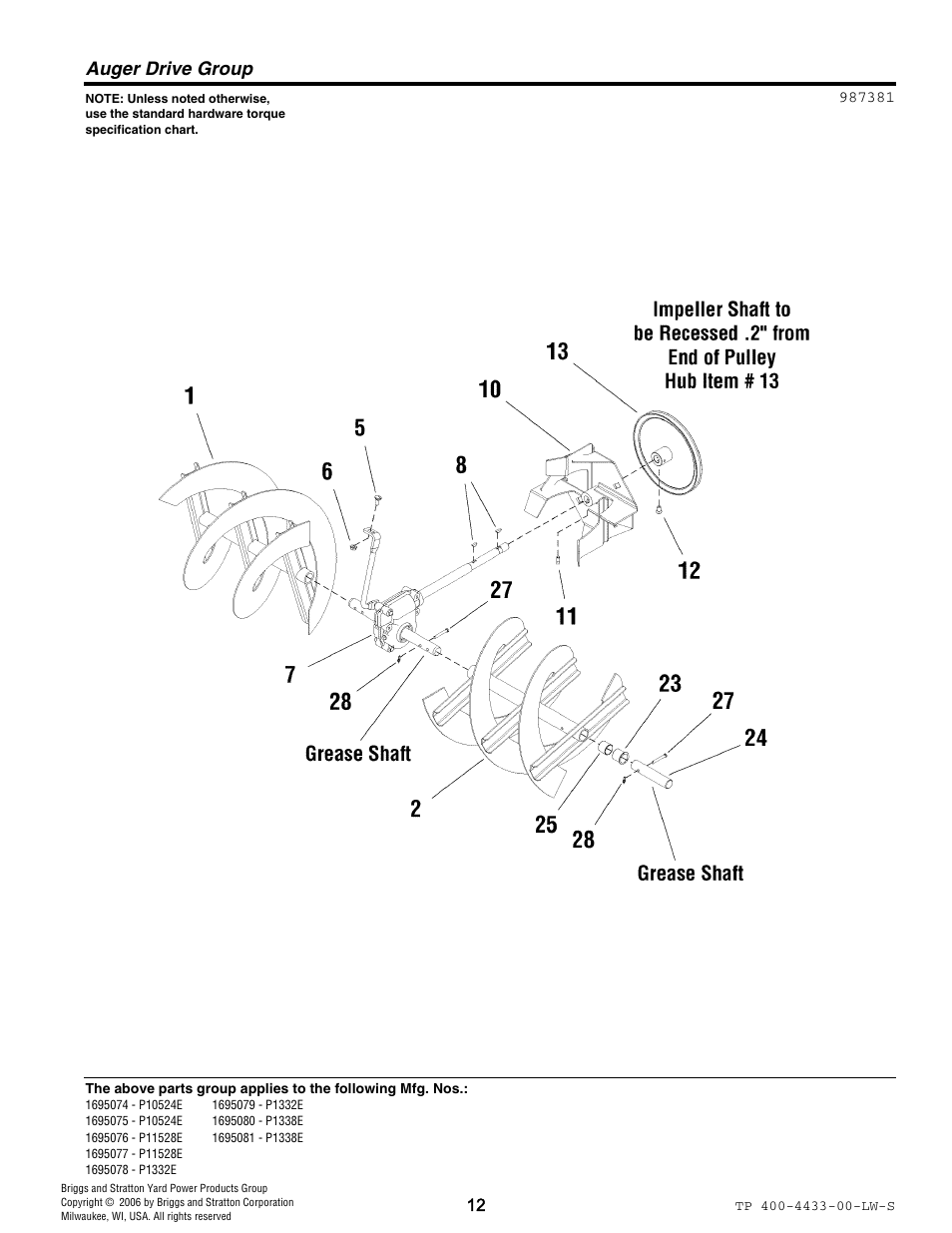 Auger drive group | Simplicity 1695081 User Manual | Page 12 / 30