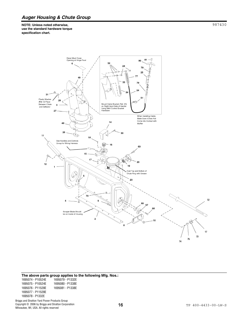 Auger housing & chute group | Simplicity 1695081 User Manual | Page 16 / 30