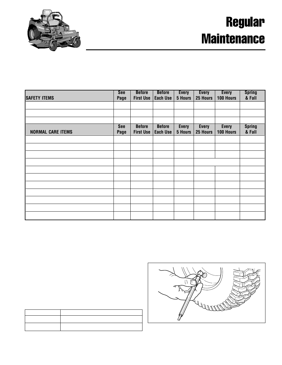 Regular maintenance, Maintenance schedule & procedures, Check tire pressures | Simplicity ZT2148 User Manual | Page 19 / 41