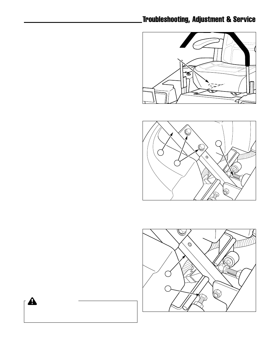 Troubleshooting, adjustment & service, Warning, Seat adjustment | Ground speed control lever adjustment, Speed balancing adjustment | Simplicity ZT2148 User Manual | Page 25 / 41