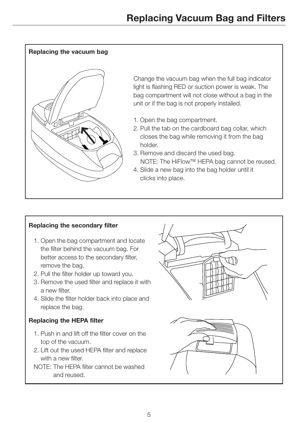 Replacing vacuum bag and filters | Simplicity Jessie Vacuum Bag and Filters User Manual | Page 5 / 12