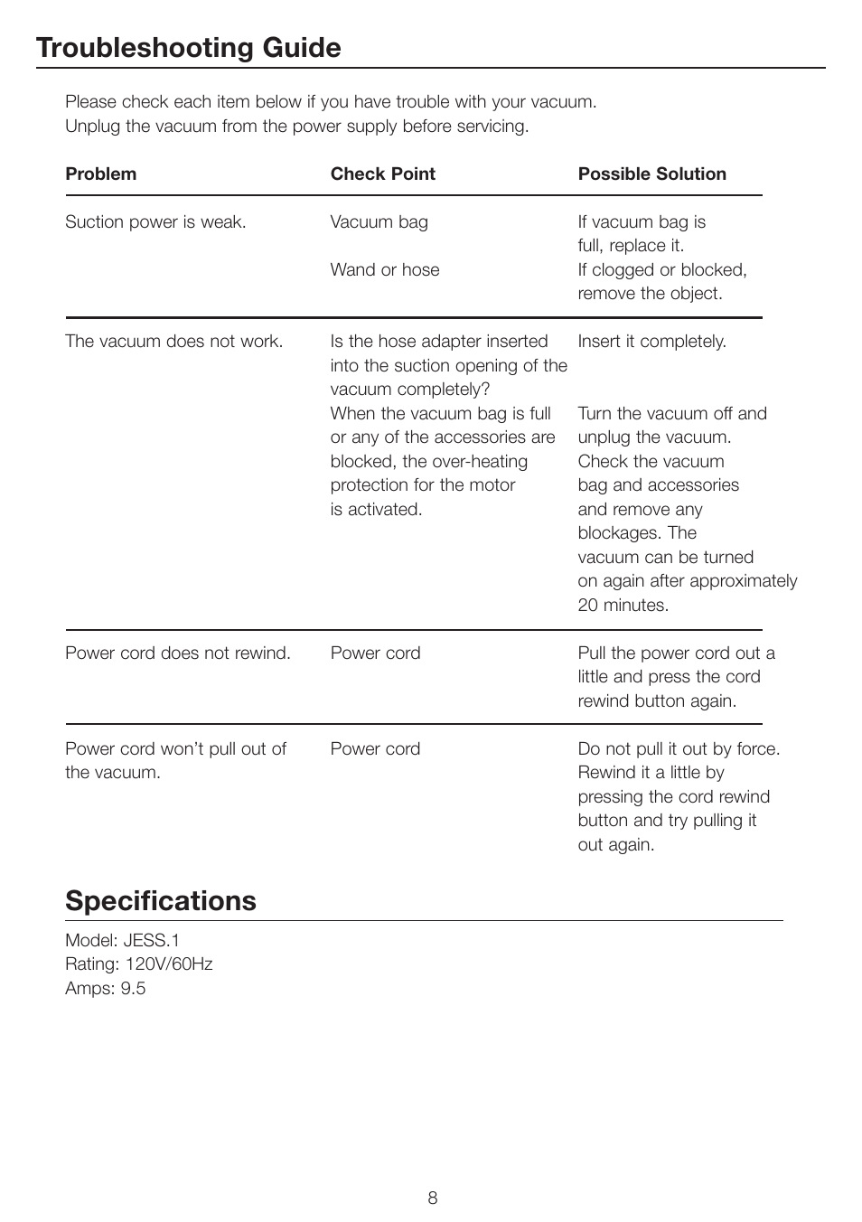 Troubleshooting guide, Specifications | Simplicity Jessie Vacuum Bag and Filters User Manual | Page 8 / 12
