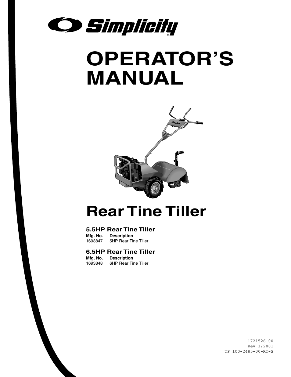 Operator’s manual, Rear tine tiller | Simplicity 1693848 User Manual | Page 3 / 28
