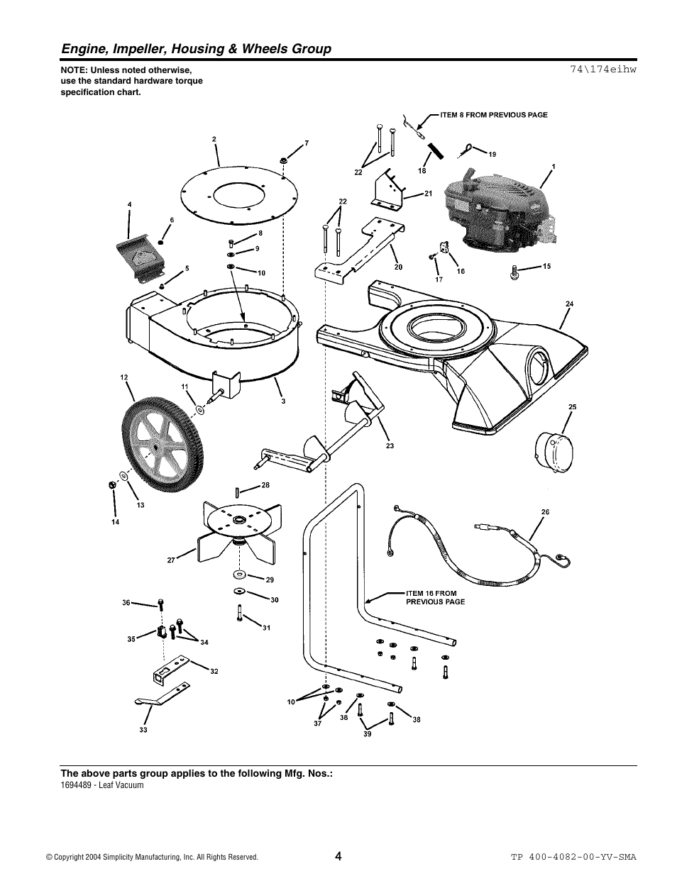 Engine, impeller, housing & wheels group | Simplicity 1694489 User Manual | Page 4 / 12