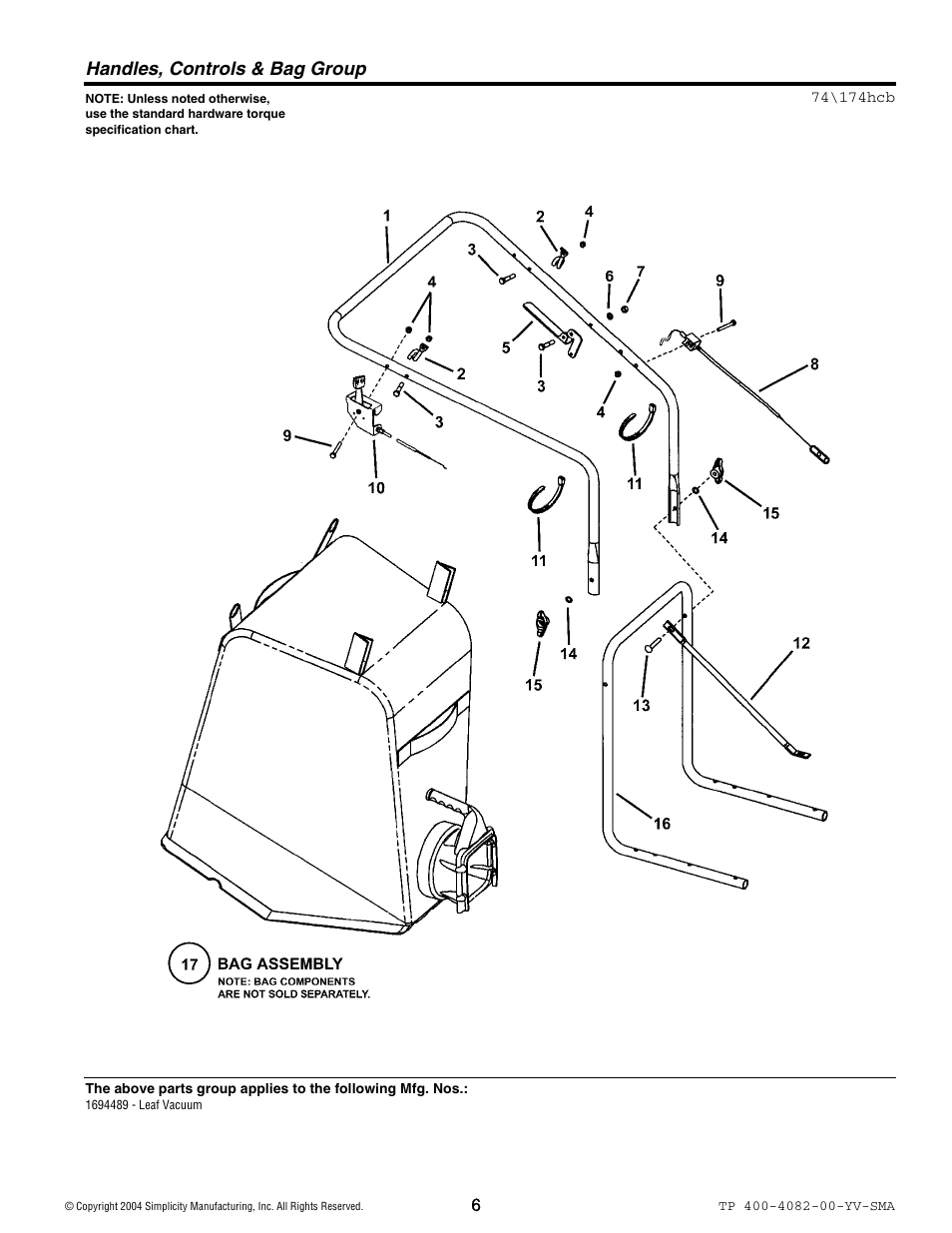 Handles, controls & bag group | Simplicity 1694489 User Manual | Page 6 / 12