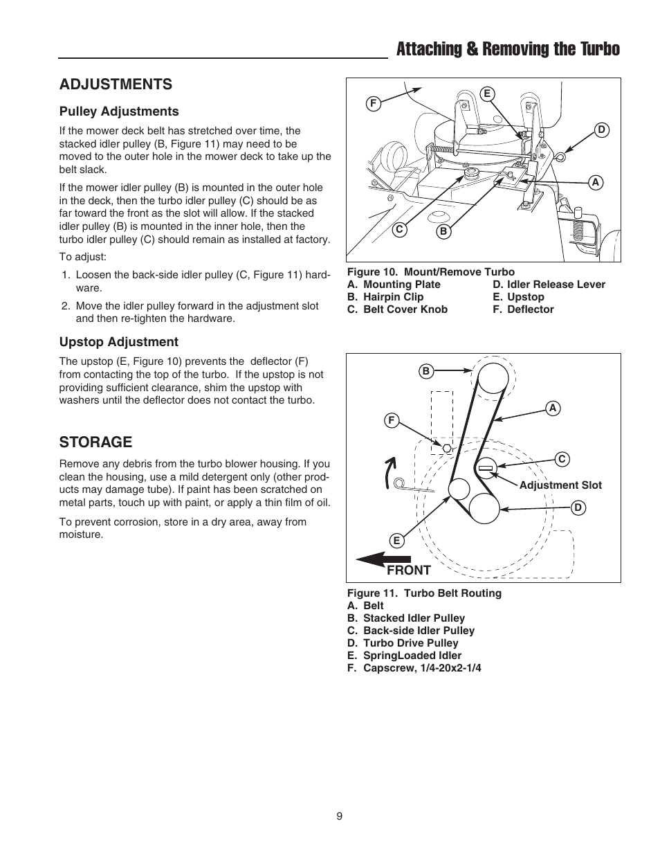 Attaching & removing the turbo, Adjustments, Storage | Simplicity Turbo Vacuum Collection System User Manual | Page 10 / 12