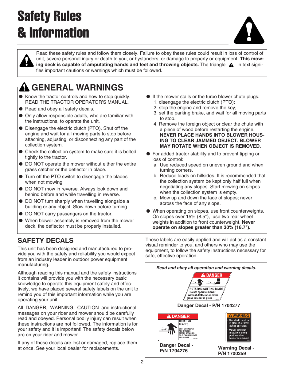 Safety rules & information, General warnings, Safety decals | Simplicity Turbo Vacuum Collection System User Manual | Page 3 / 12