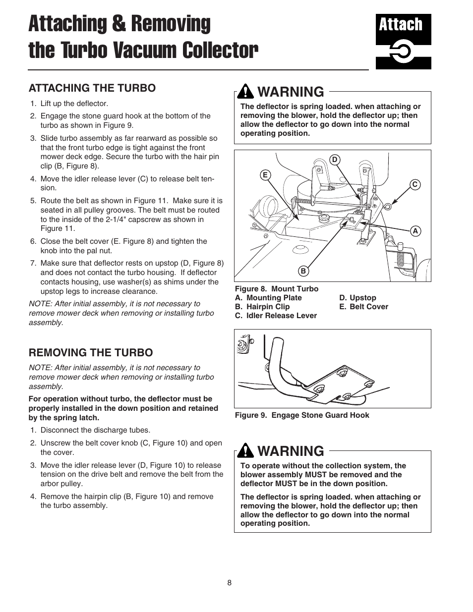 Attaching & removing the turbo vacuum collector, Warning, Attaching the turbo | Removing the turbo | Simplicity Turbo Vacuum Collection System User Manual | Page 9 / 12