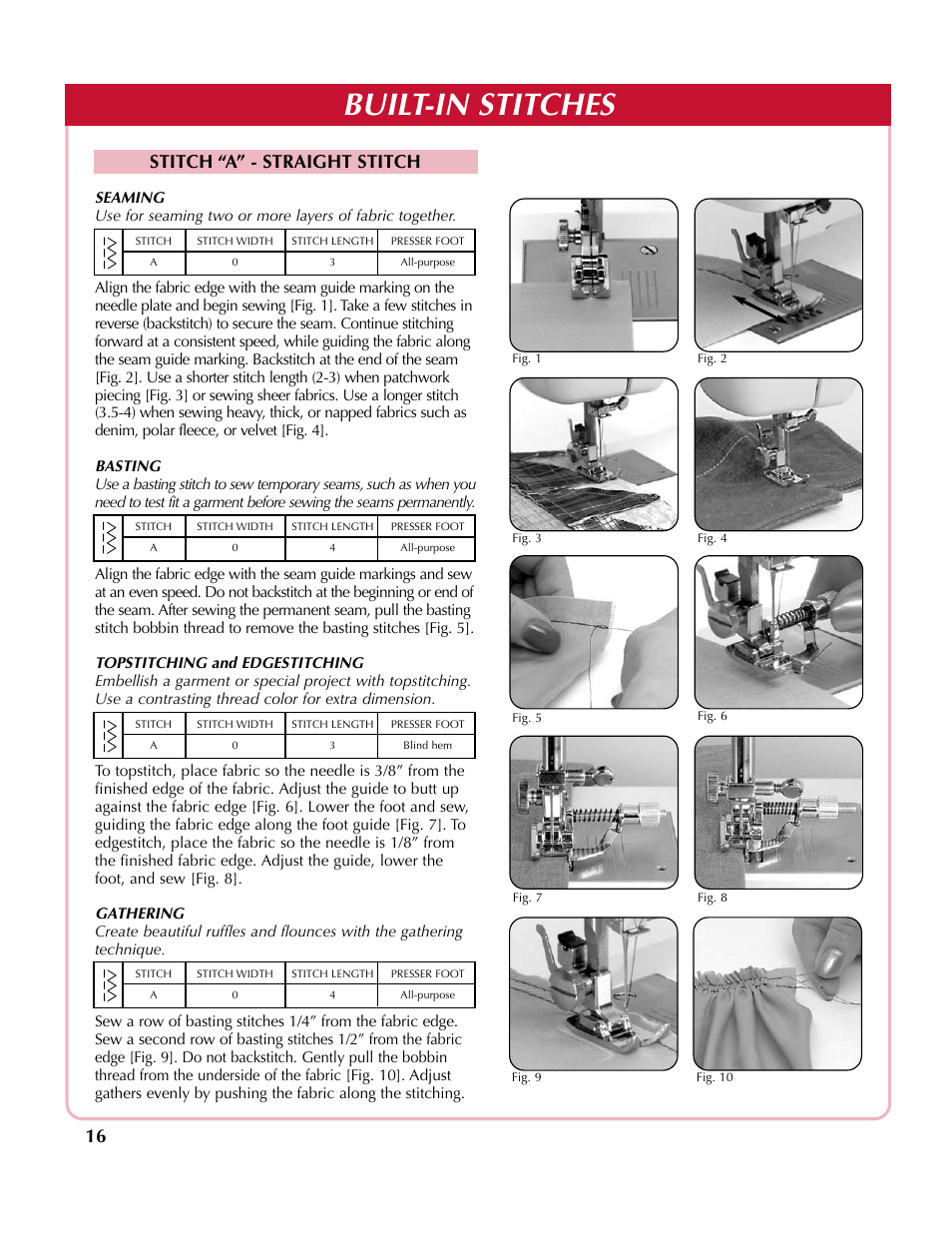 Built-in stitches, Stitch “a” - straight stitch | Simplicity SA2200 User Manual | Page 17 / 35