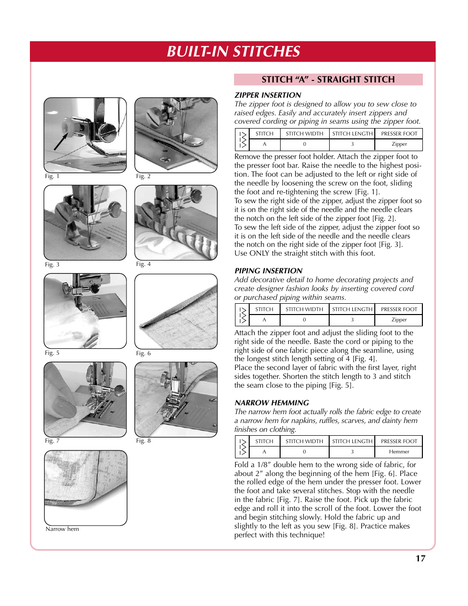 Built-in stitches, Stitch “a” - straight stitch | Simplicity SA2200 User Manual | Page 18 / 35