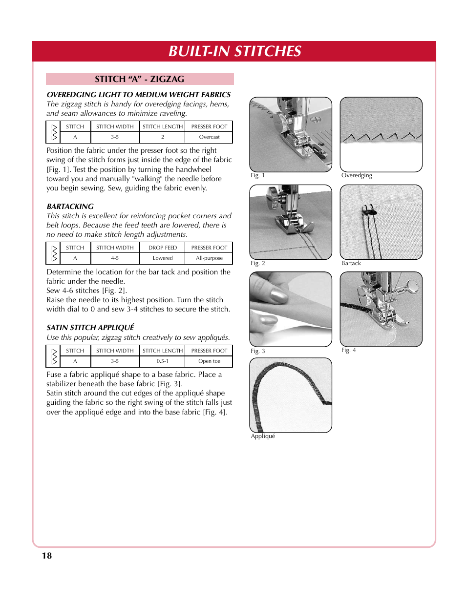 Built-in stitches, Stitch “a” - zigzag | Simplicity SA2200 User Manual | Page 19 / 35