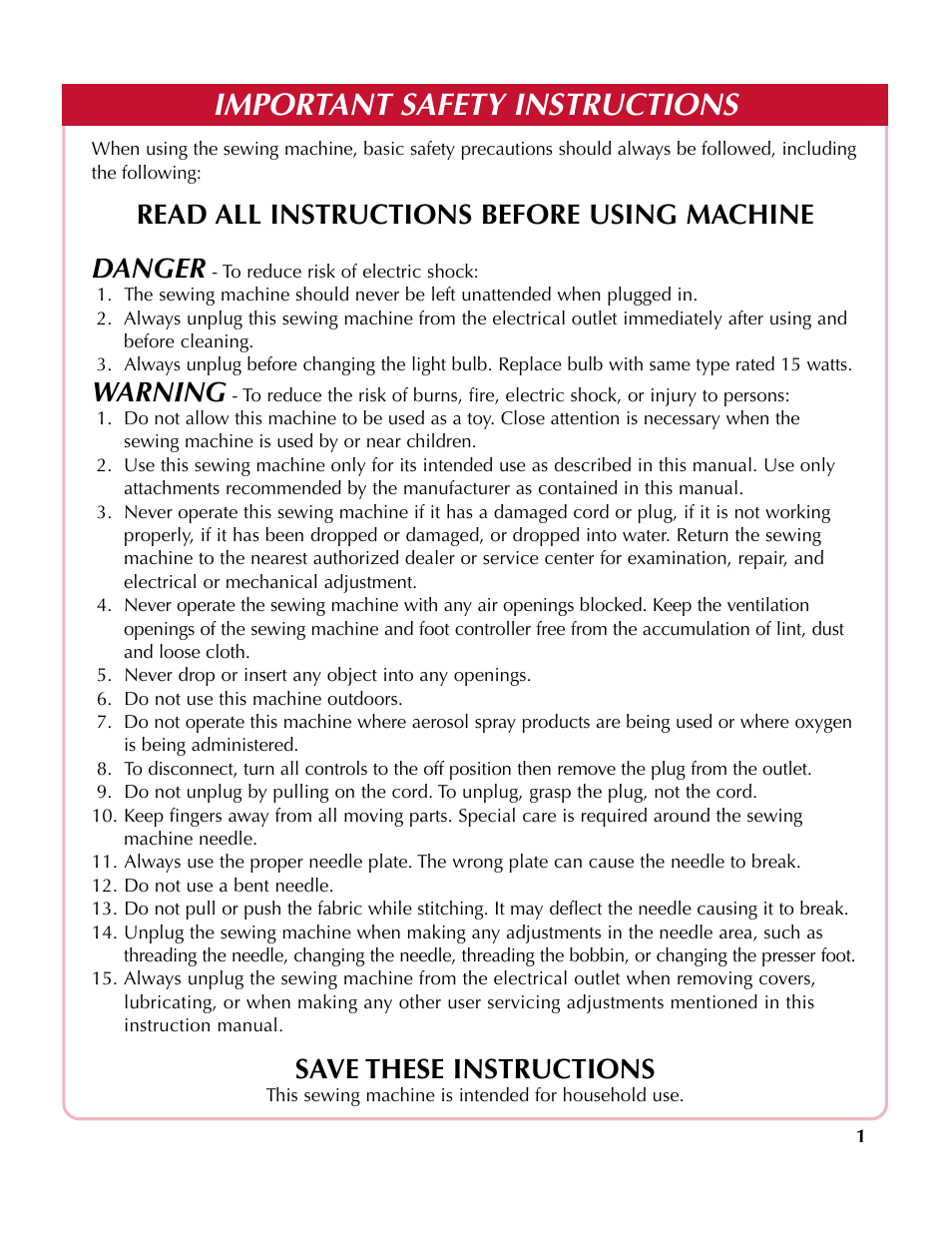 Important safety instructions, Read all instructions before using machine danger, Warning | Save these instructions | Simplicity SA2200 User Manual | Page 2 / 35