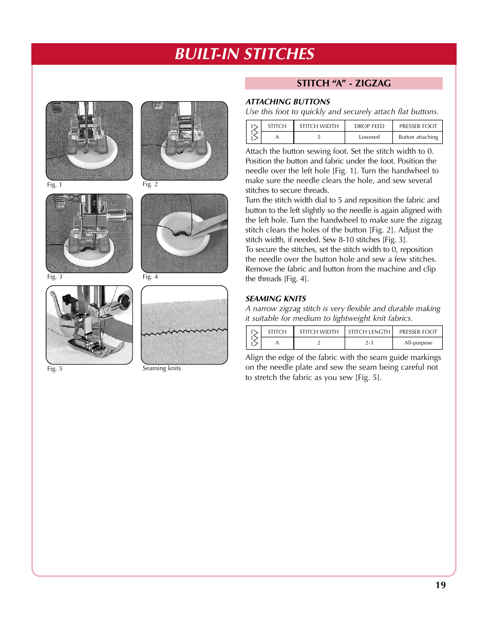Built-in stitches, Stitch “a” - zigzag | Simplicity SA2200 User Manual | Page 20 / 35