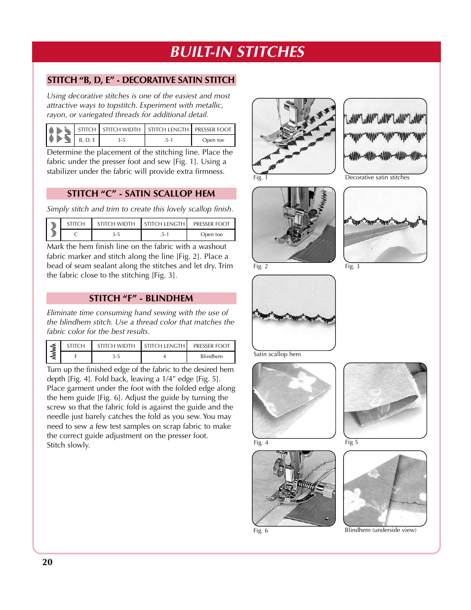 Built-in stitches, Stitch “f” - blindhem | Simplicity SA2200 User Manual | Page 21 / 35