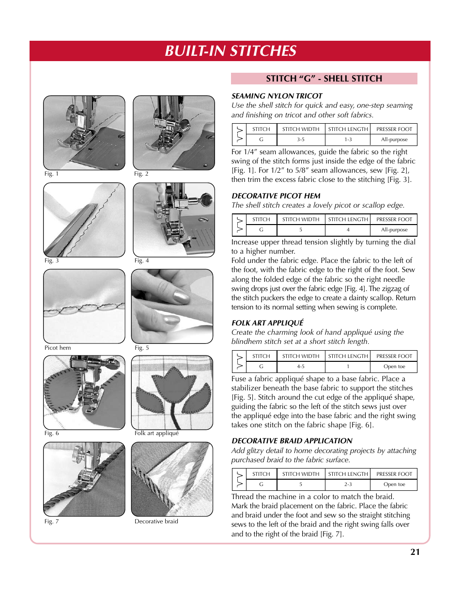 Built-in stitches, Stitch “g” - shell stitch | Simplicity SA2200 User Manual | Page 22 / 35