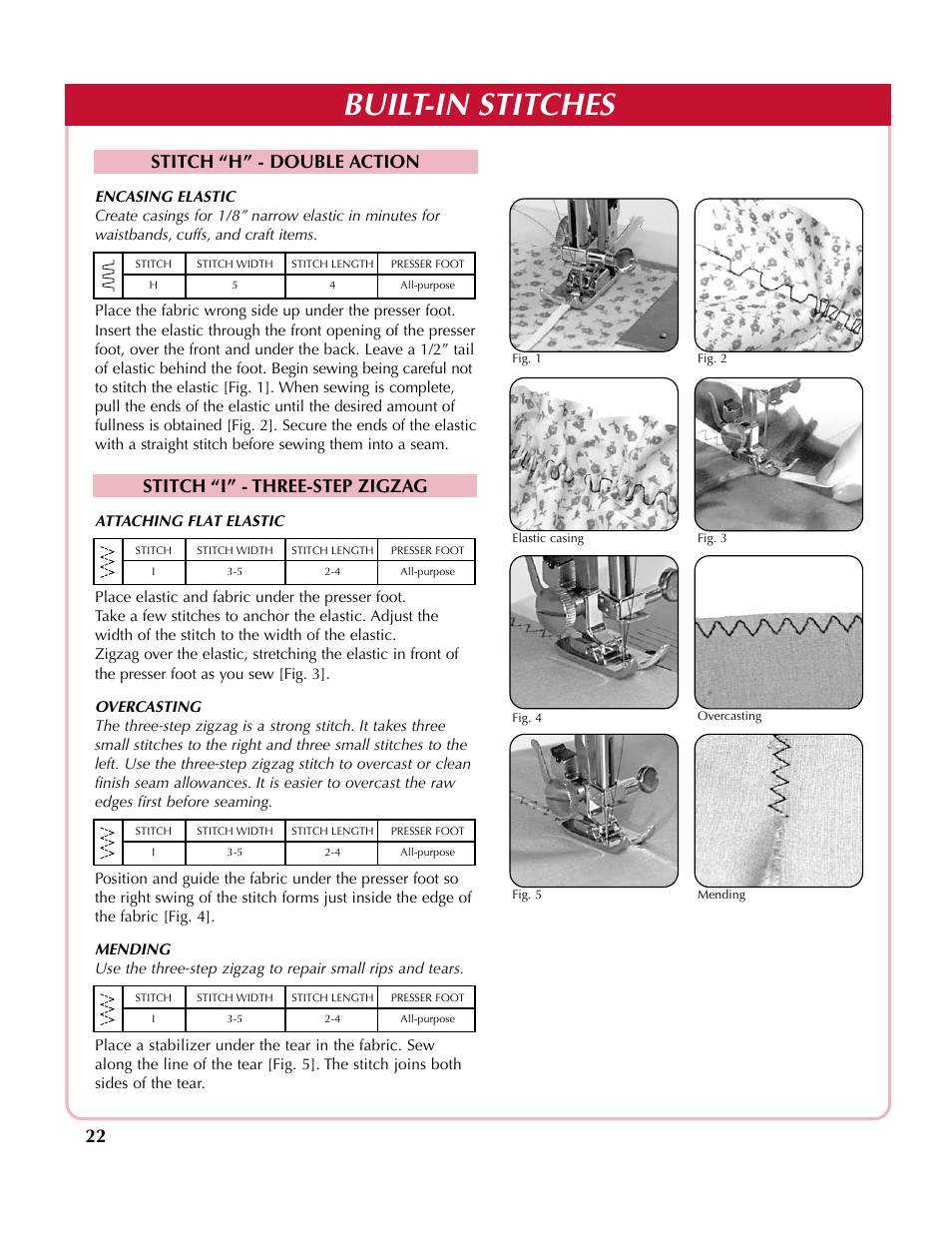 Built-in stitches, Stitch “h” - double action, Stitch “i” - three-step zigzag | Simplicity SA2200 User Manual | Page 23 / 35