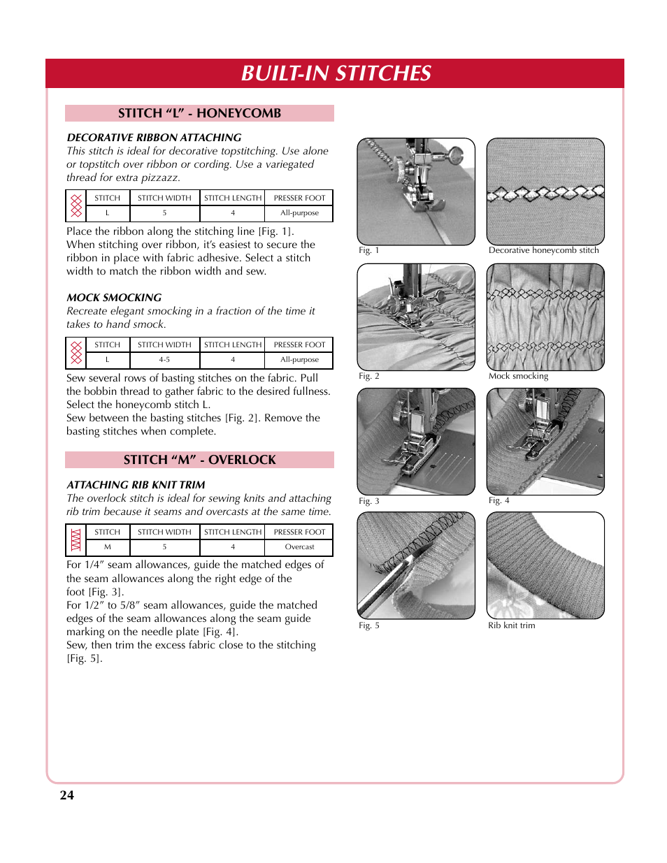 Built-in stitches, Stitch “l” - honeycomb, Stitch “m” - overlock | Simplicity SA2200 User Manual | Page 25 / 35