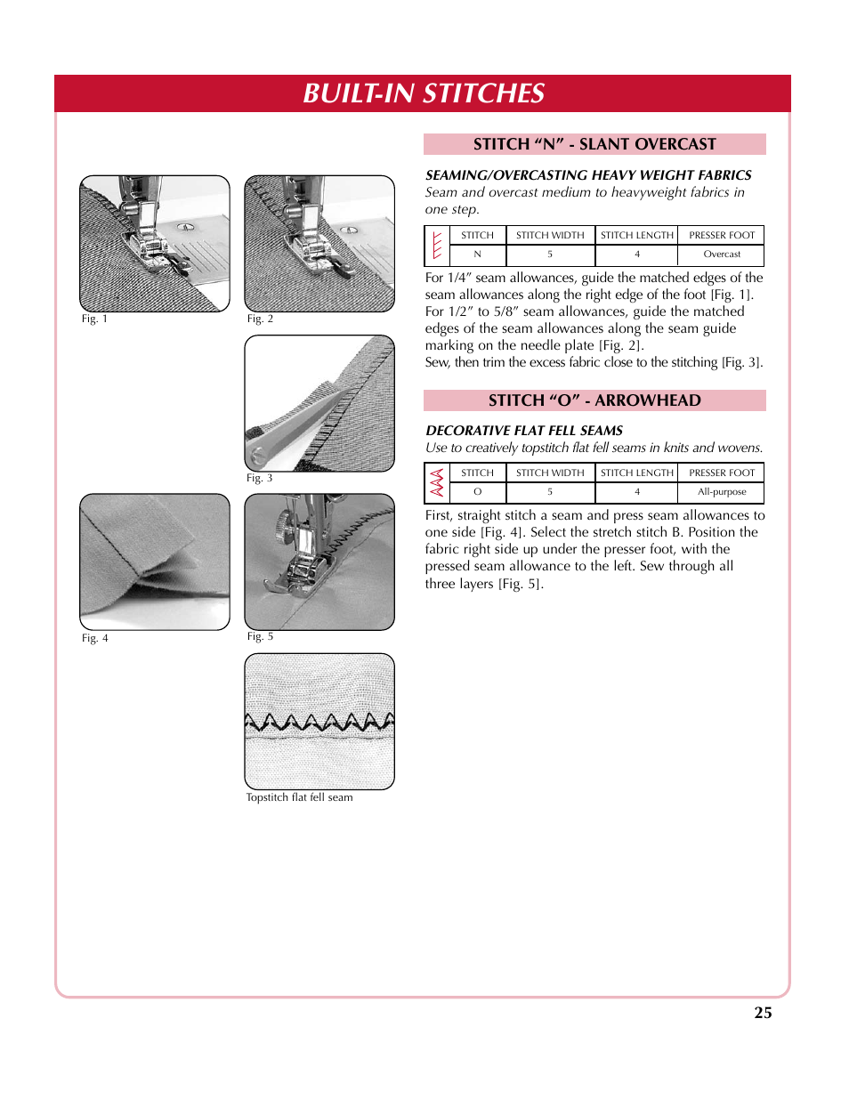 Built-in stitches, Stitch “n” - slant overcast, Stitch “o” - arrowhead | Simplicity SA2200 User Manual | Page 26 / 35