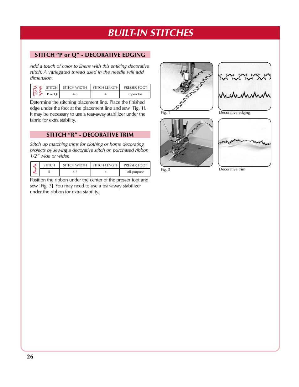 Built-in stitches, Stitch “p or q” - decorative edging, Stitch “r” - decorative trim | Simplicity SA2200 User Manual | Page 27 / 35