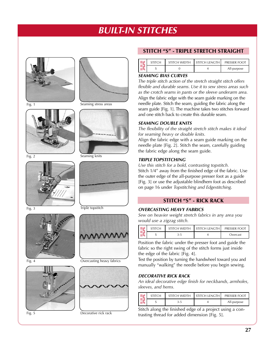 Built-in stitches, Stitch “s” - triple stretch straight, Stitch “s” - rick rack | Simplicity SA2200 User Manual | Page 28 / 35