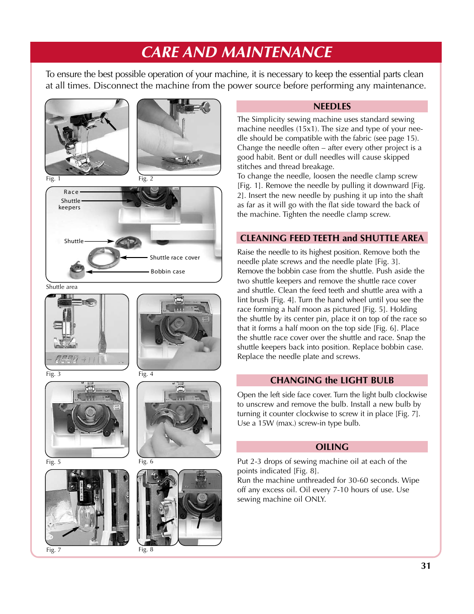 Care and maintenance | Simplicity SA2200 User Manual | Page 32 / 35
