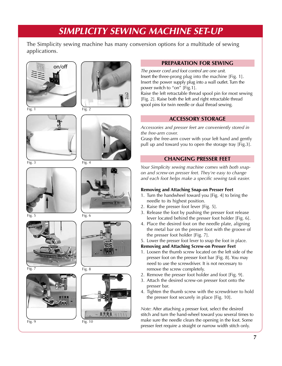 Simplicity sewing machine set-up | Simplicity SA2200 User Manual | Page 8 / 35