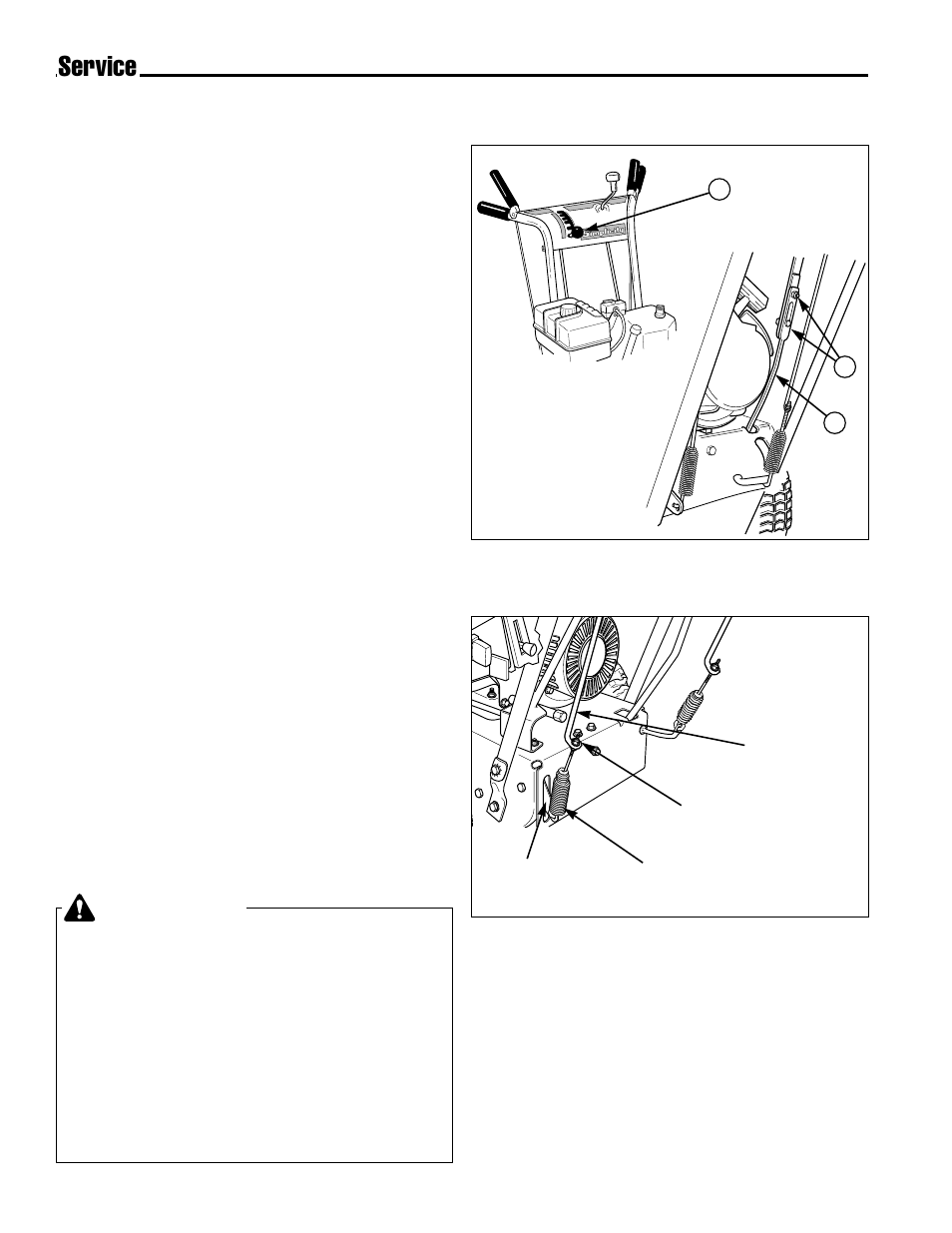 Service, Warning, Speed selector pivot adjust- ment | Traction drive clutch rod adjustment | Simplicity 1693647 555M User Manual | Page 22 / 30