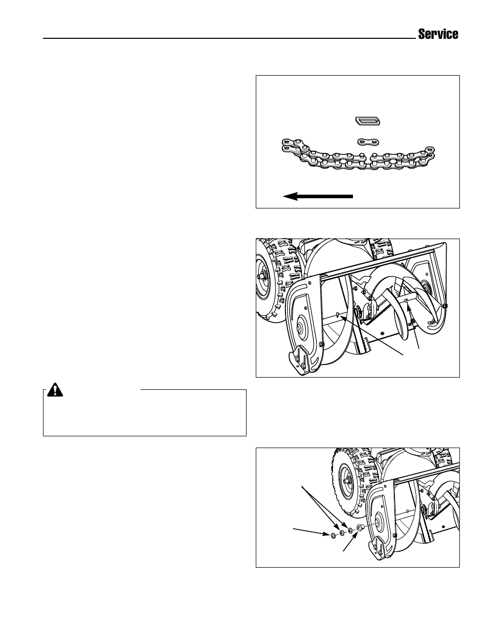 Service, Warning, Auger shaft bearing replacement | Shear pin replacement, Roller chain replacement | Simplicity 1693647 555M User Manual | Page 27 / 30