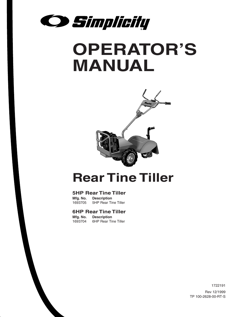 Operator’s manual, Rear tine tiller | Simplicity 1693704 User Manual | Page 3 / 28