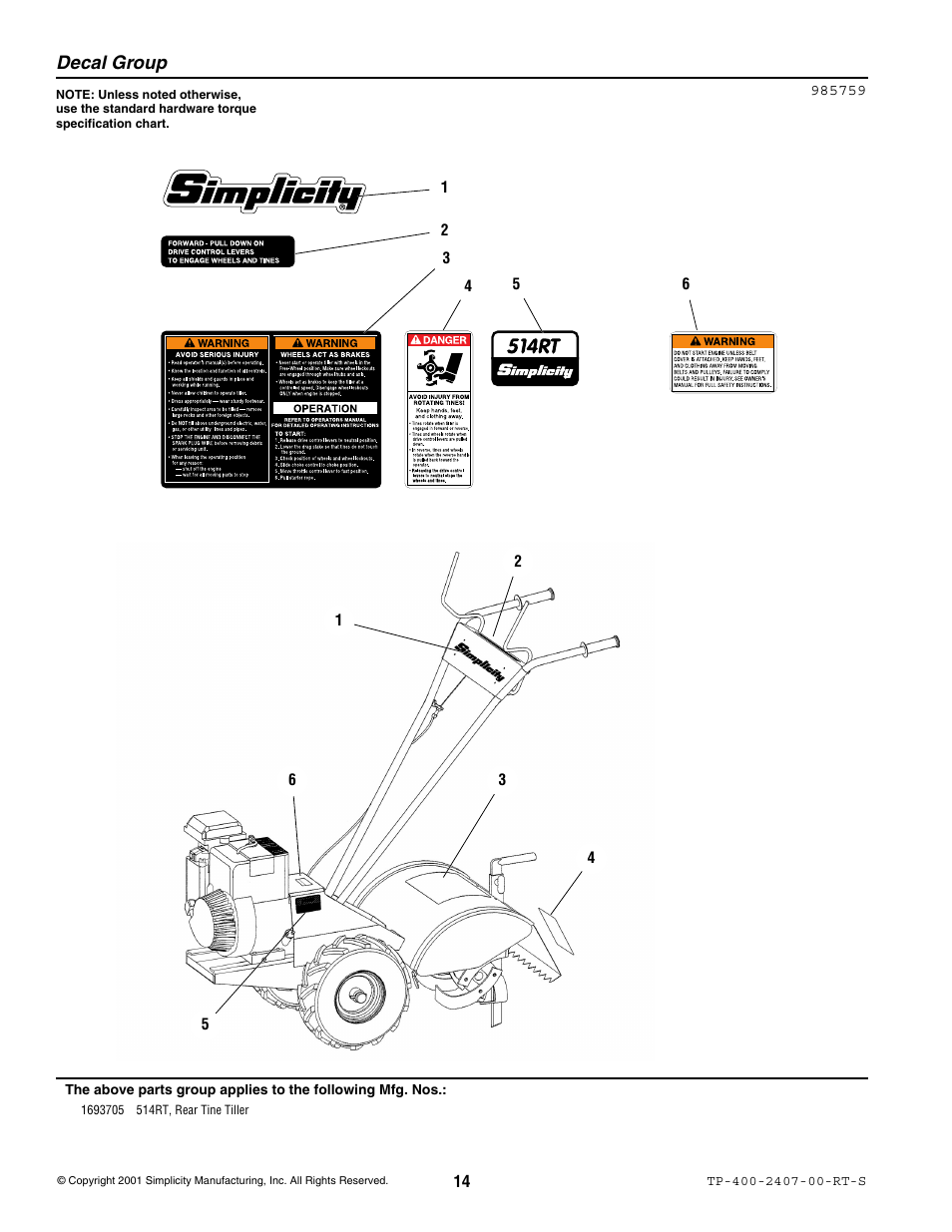 Decal group | Simplicity 514RT User Manual | Page 16 / 20