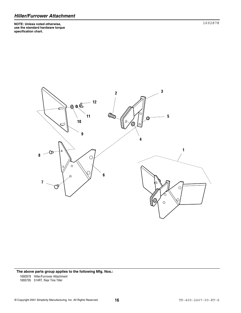 Hiller/furrower attachment | Simplicity 514RT User Manual | Page 18 / 20