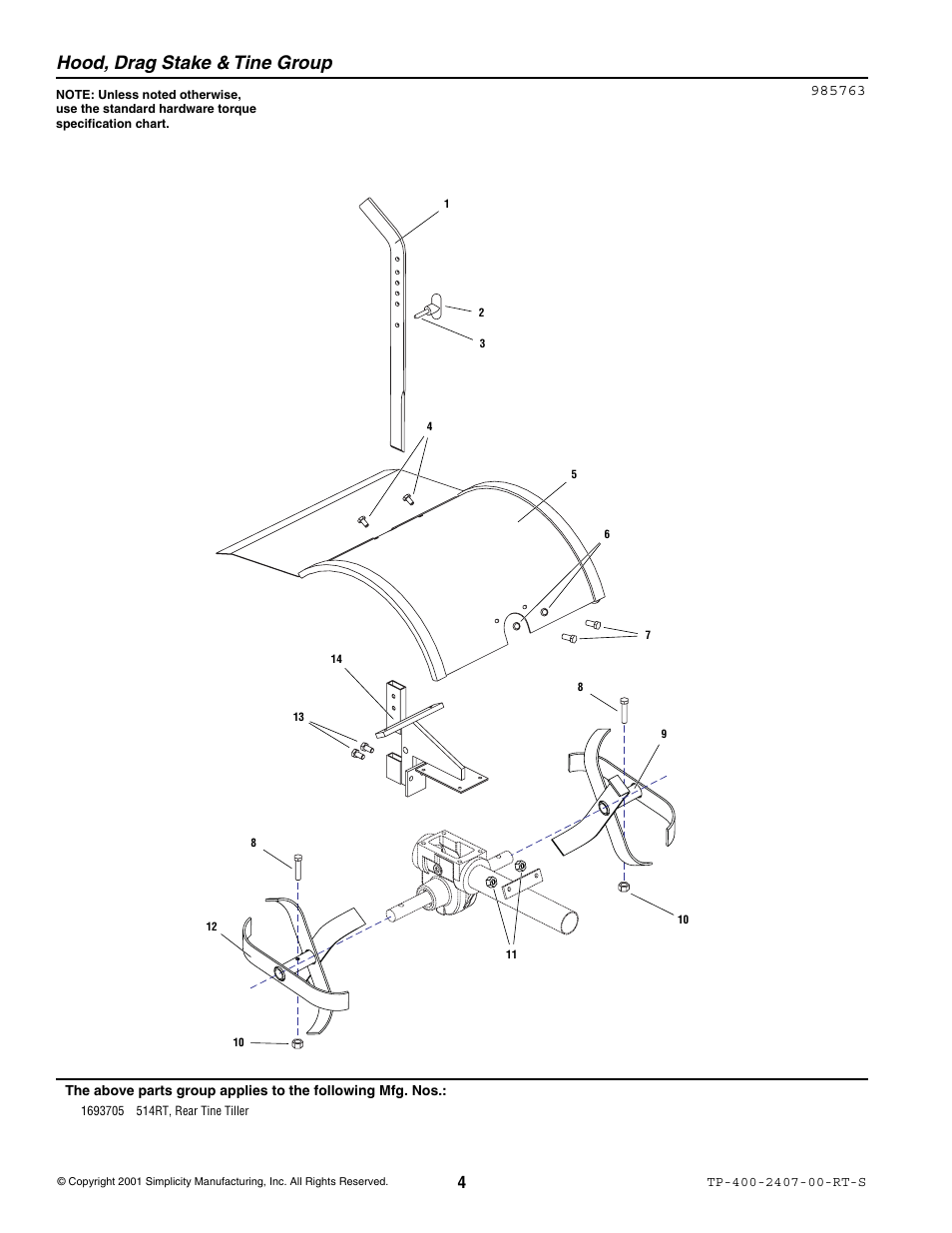 Hood, drag stake & tine group | Simplicity 514RT User Manual | Page 6 / 20