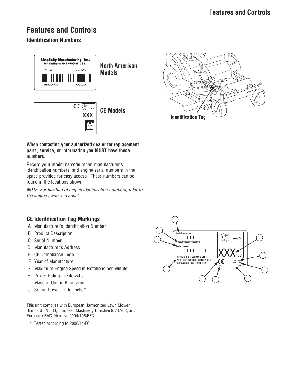 Sample, Features and controls, Identification numbers | North american models ce models, Ce identification tag markings | Simplicity ZT4000 Series User Manual | Page 15 / 44