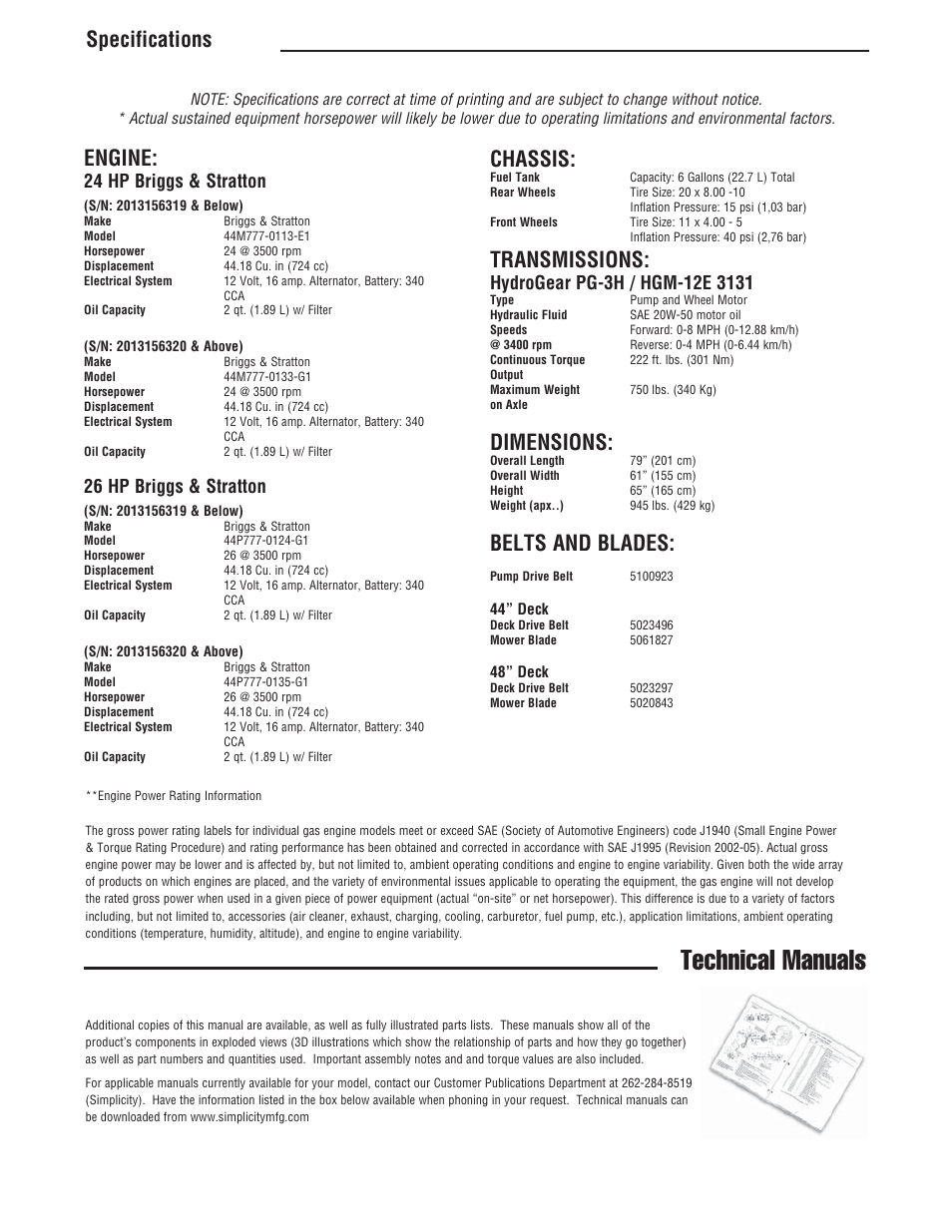 Technical manuals, Specifications engine, Chassis | Transmissions, Dimensions, Belts and blades, 24 hp briggs & stratton, 26 hp briggs & stratton | Simplicity ZT4000 Series User Manual | Page 42 / 44