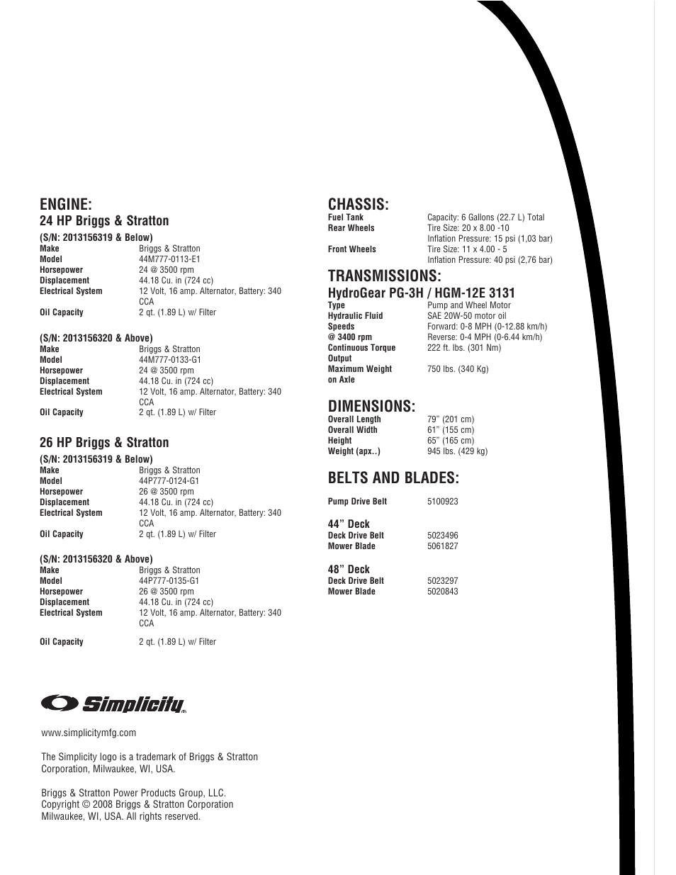 Product quick specs, Engine, Chassis | Transmissions, Dimensions, Belts and blades, 24 hp briggs & stratton, 26 hp briggs & stratton | Simplicity ZT4000 Series User Manual | Page 44 / 44