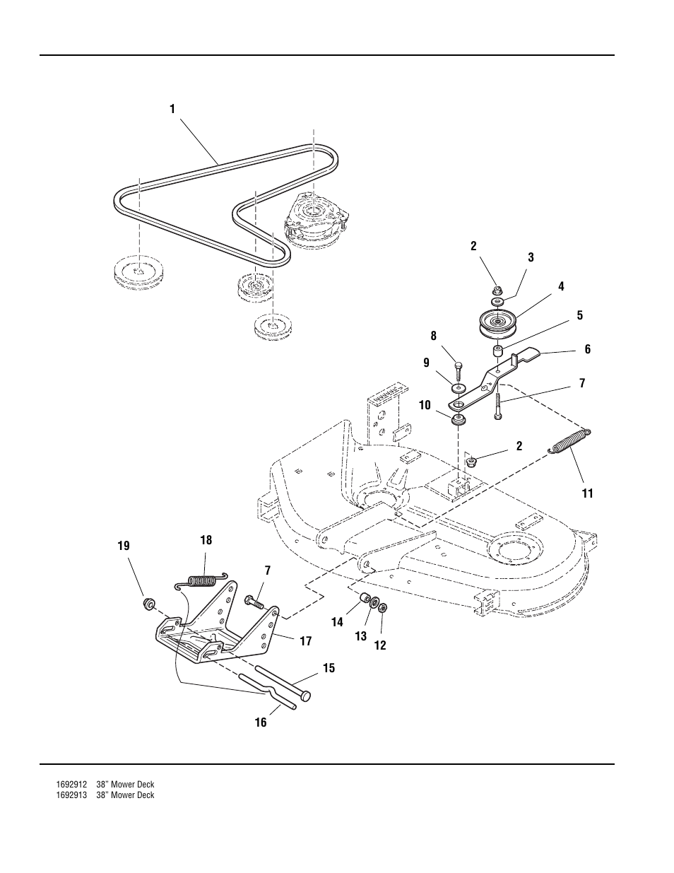 38” mower deck - belt, clutch & support | Simplicity ZERO TURN TP 400-2169-01-ZT-SMA User Manual | Page 32 / 46