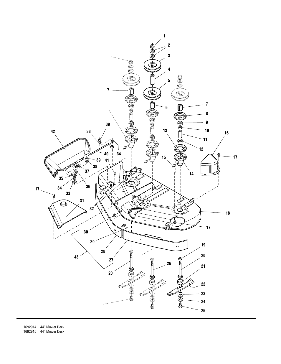 44” mower deck - housing, arbors & blades | Simplicity ZERO TURN TP 400-2169-01-ZT-SMA User Manual | Page 36 / 46