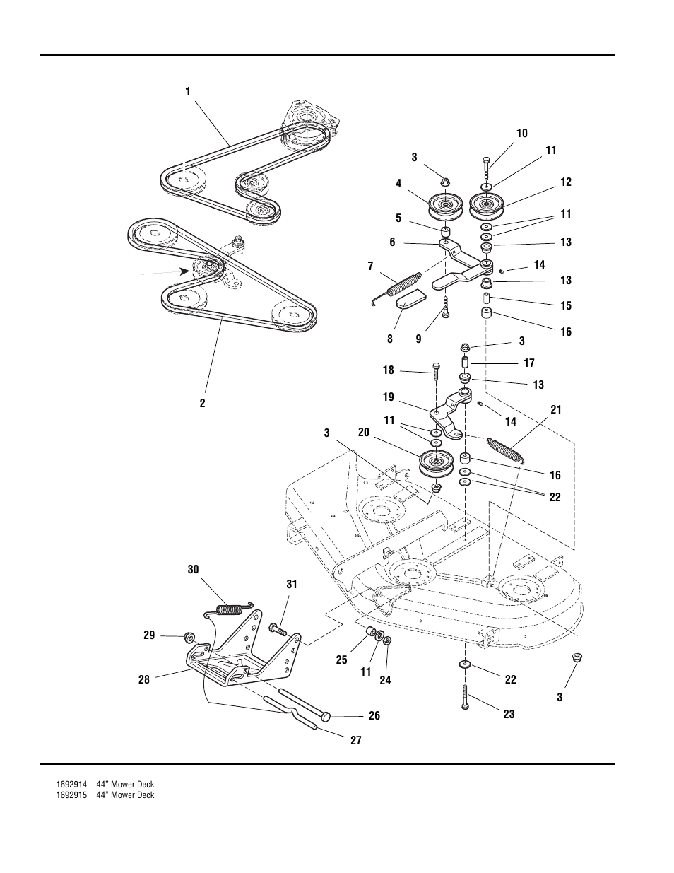 44” mower deck - belt, clutch & support | Simplicity ZERO TURN TP 400-2169-01-ZT-SMA User Manual | Page 38 / 46