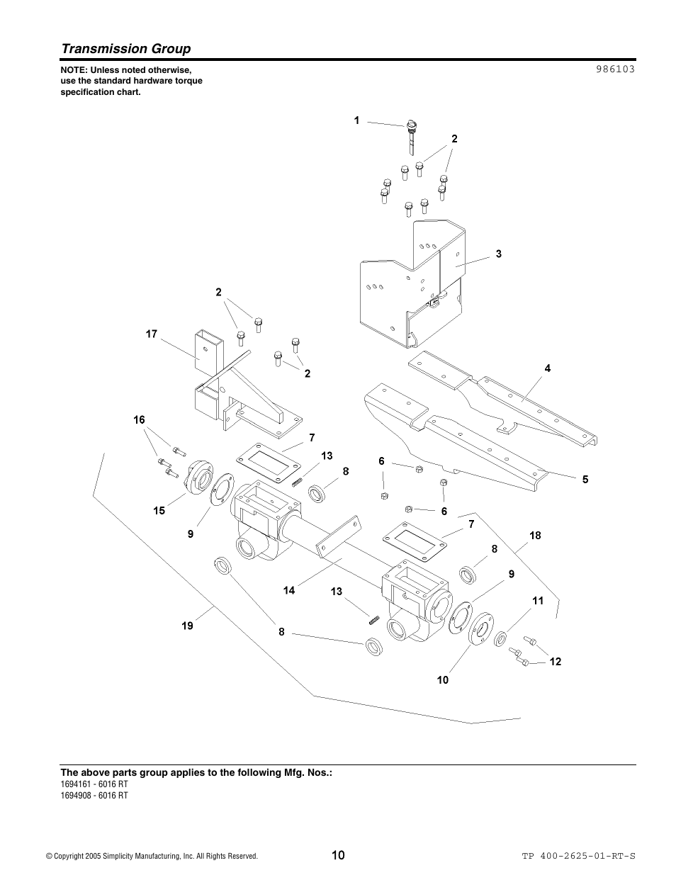 Transmission group | Simplicity 1694161 User Manual | Page 10 / 18