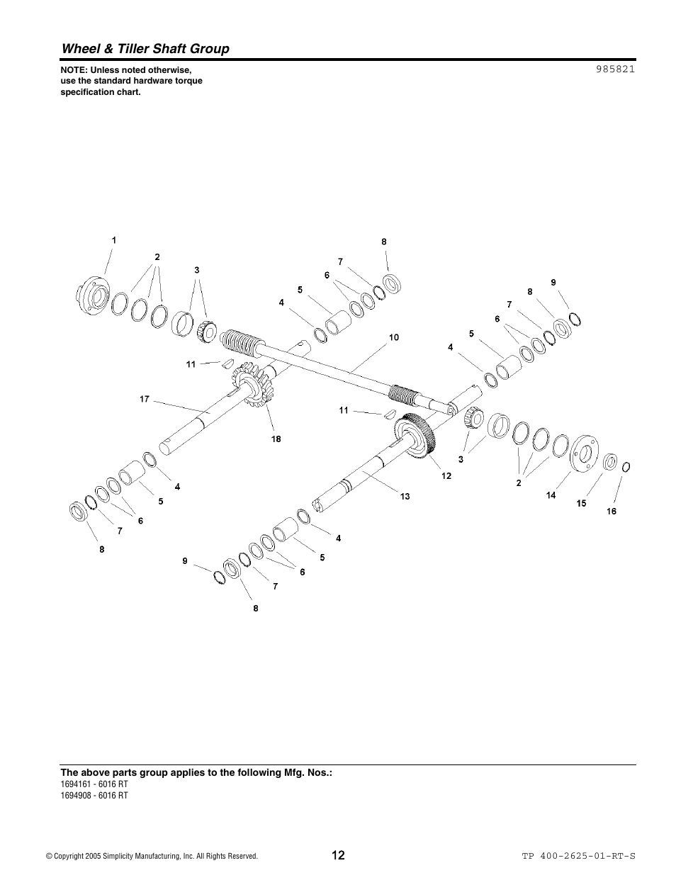 Wheel & tiller shaft group | Simplicity 1694161 User Manual | Page 12 / 18