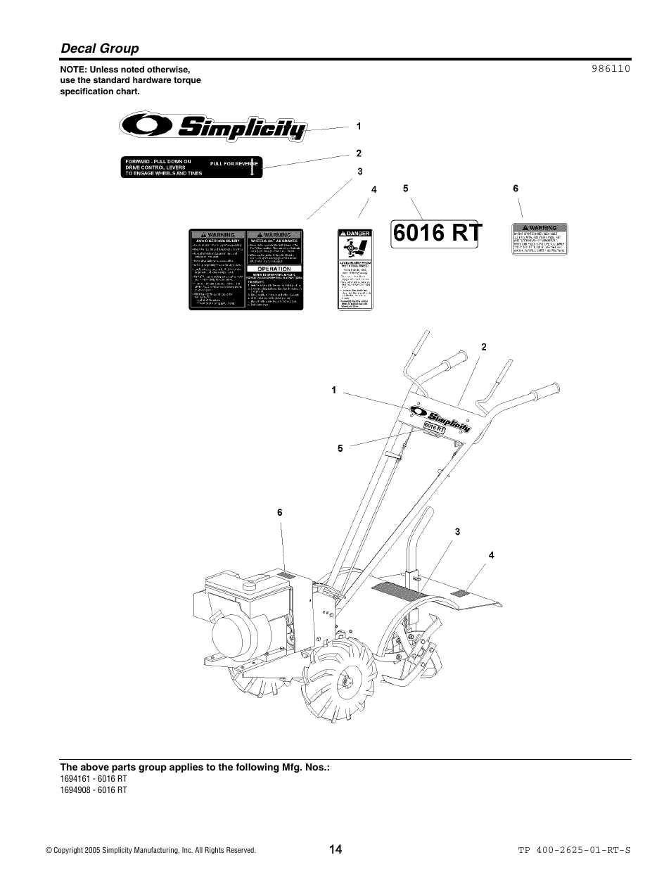 Decal group | Simplicity 1694161 User Manual | Page 14 / 18