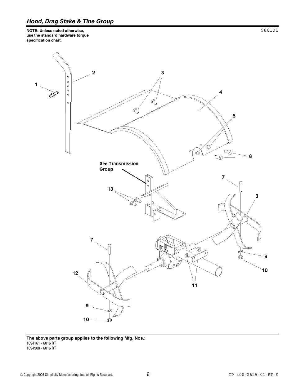 Hood, drag stake & tine group | Simplicity 1694161 User Manual | Page 6 / 18