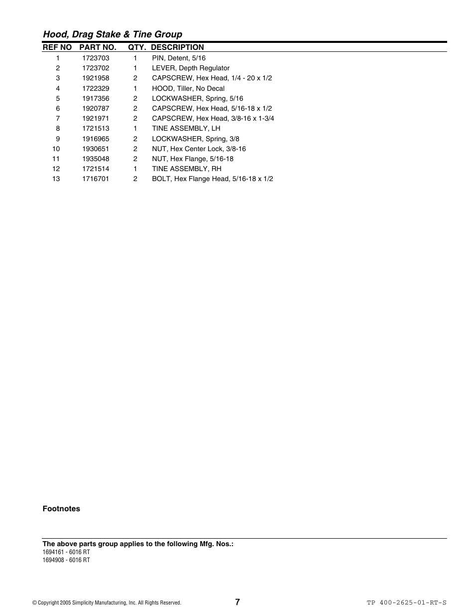 Hood, drag stake & tine group | Simplicity 1694161 User Manual | Page 7 / 18