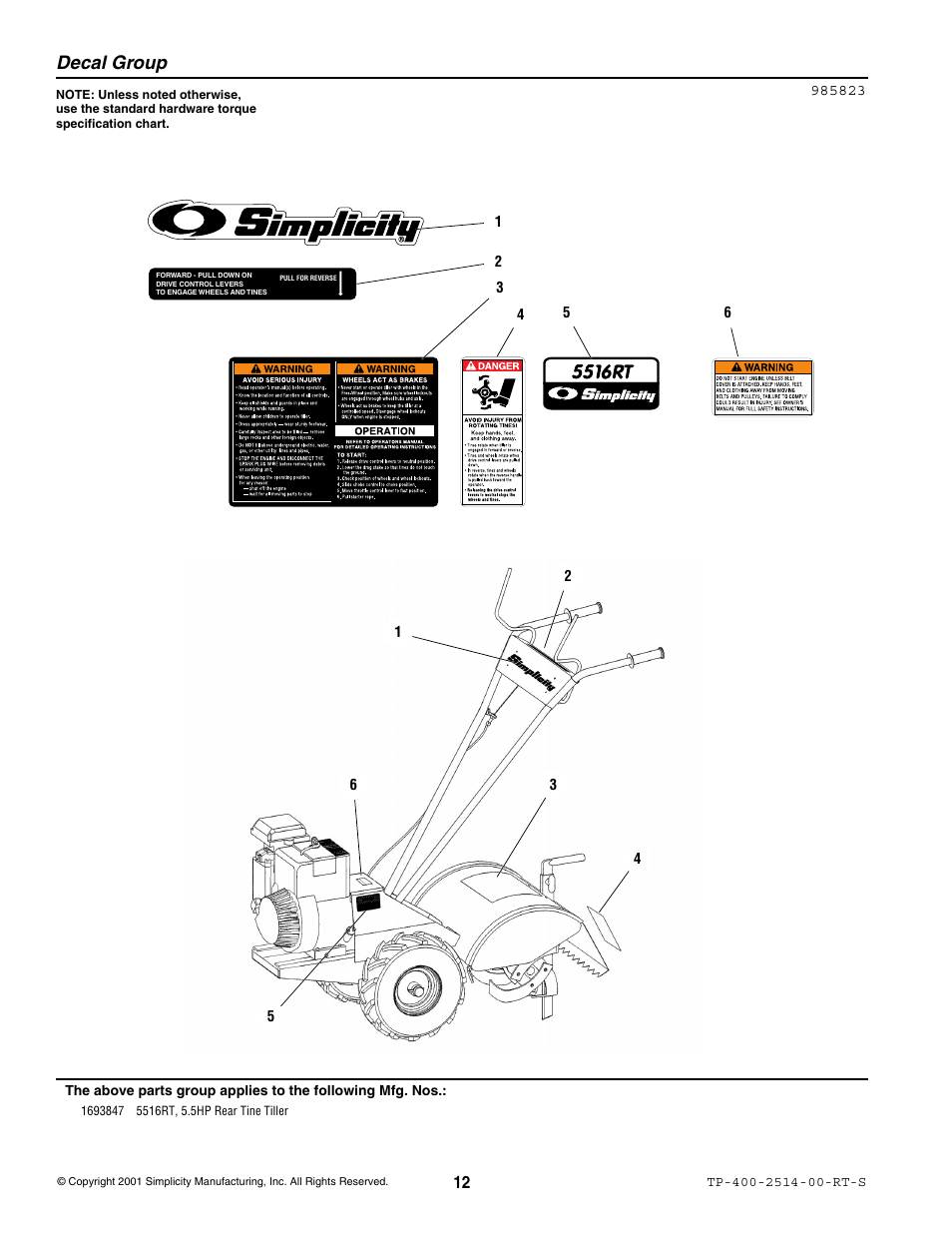 Decal group | Simplicity 5516RT User Manual | Page 14 / 19