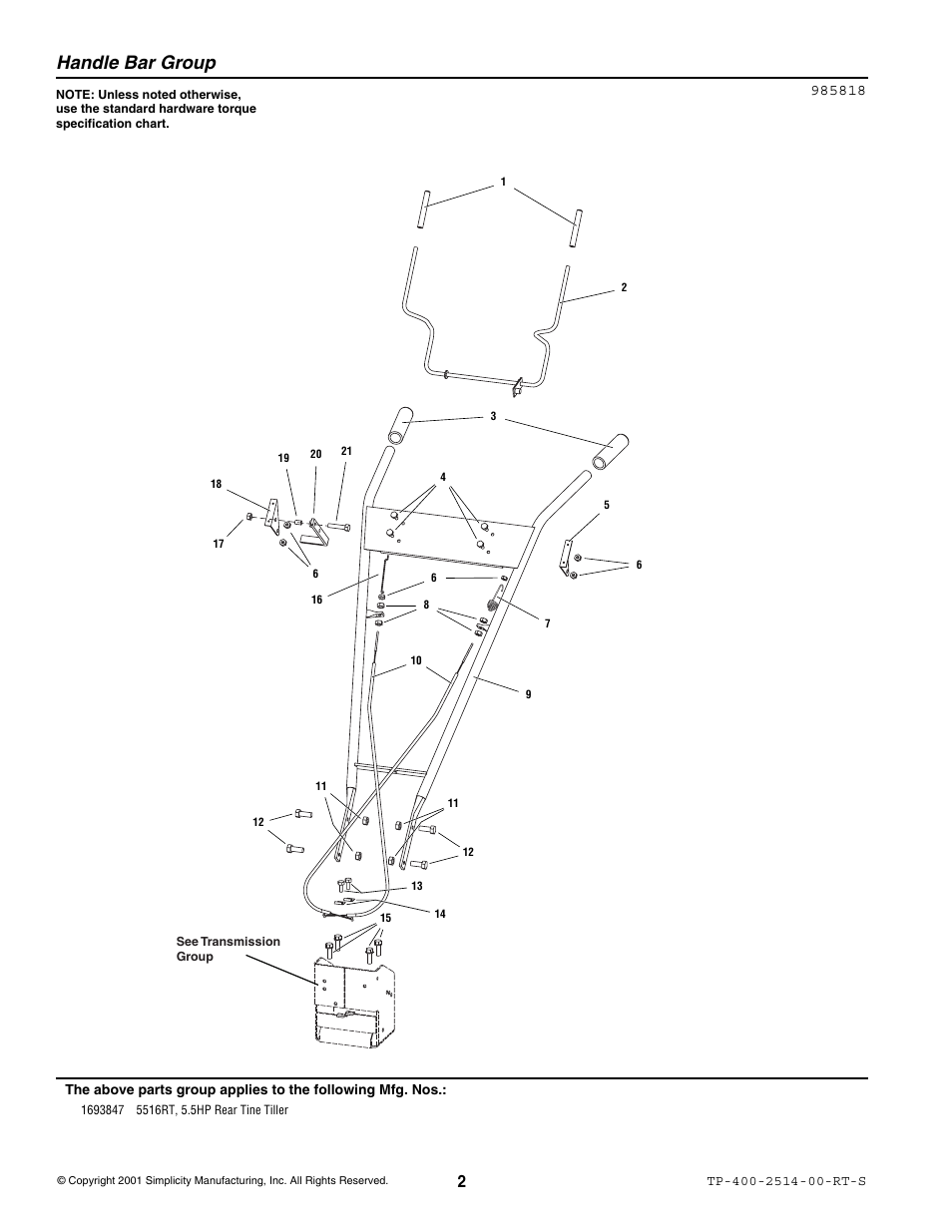 Handle bar group | Simplicity 5516RT User Manual | Page 4 / 19